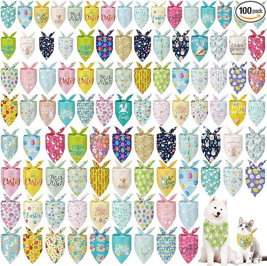 Huhumy 100 Pcs Spring Dog Bandanas Bulk in 3 Sizes, Washable Pastel Floral & Bunny Pet Scarf Bibs, Grooming Accessories Assortment for Small Medium Large Dogs