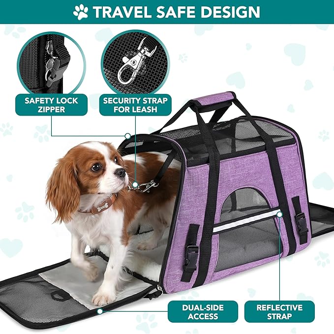PetAmi Airline Approved Pet Carrier for Cats & Small Dogs, Soft Sided TSA Travel Carrier Bag with Sherpa Bed, Breathable Mesh Ventilation, Collapsible Bowl, Up to 18 lbs, Small Heather Purple