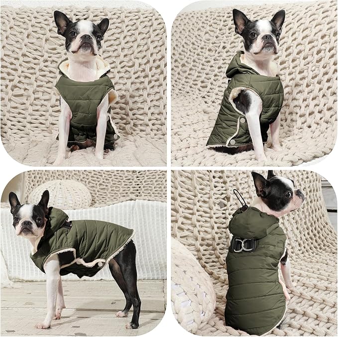 Vecomfy Fleece Lining Dog Hoodie with Harness Built in,Extra Warm Medium Dog Jacket in Winter Doggie Coats with Drawstring Hooded,Green XL