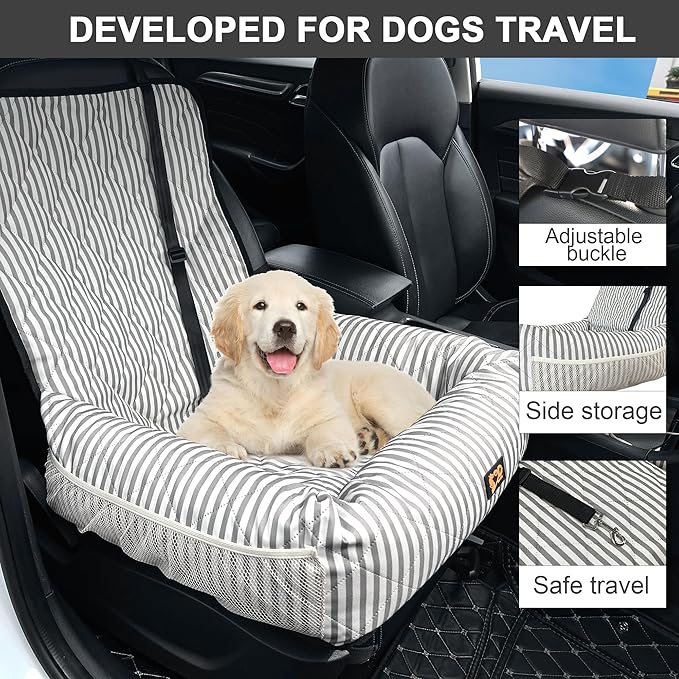 Dog Car Seat for Small and Medium Dogs, Booster Seat Sofa Pet Bed, Portable Car Travel Carrier Bed (Grey Stripes,Standard Filling)
