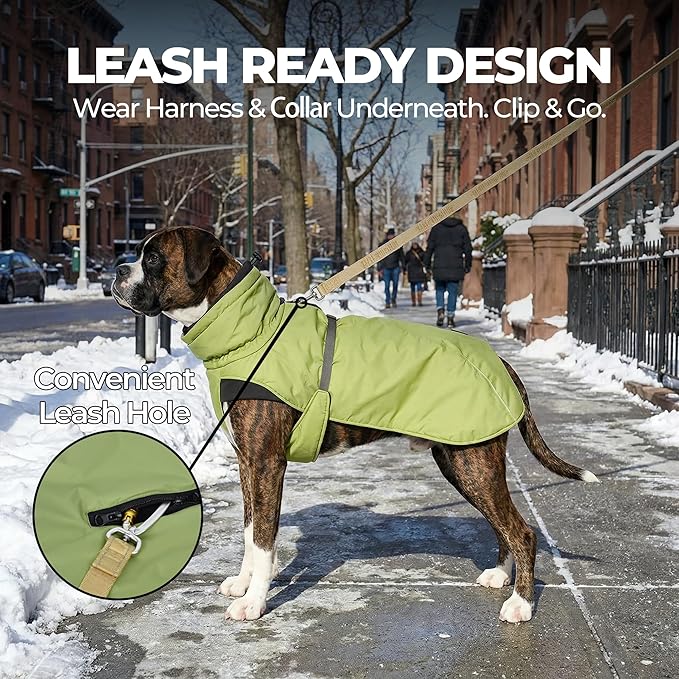 Dog Winter Coat, Warm Puffer Jacket with Fur-Safe Buckle & Leash Hole for Cold Weather, Water-Repellent Snow Vest, Breathable Thermal Apparel for Hiking & Active Dogs (Green, XX-Large)