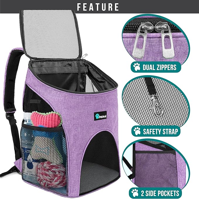 PetAmi Cat Backpack Carrier, Airline Approved Pet Carrier Backpack for Small Dogs and Large Cats, Soft Sided Collapsible Ventilated with Sherpa Bed for Hiking Travel, Max 18 lbs, Heather Purple