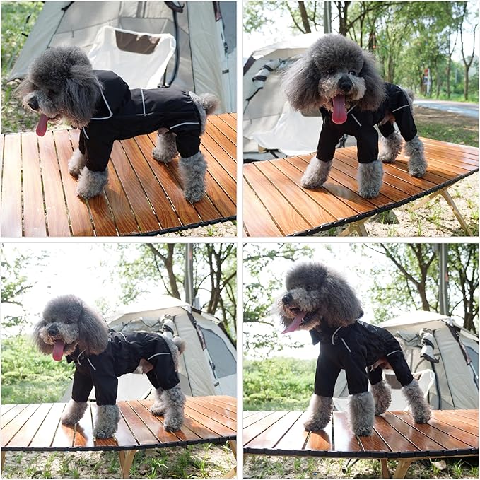 LOVELONGLONG Fleece-Lined Dog Raincoat with Removable Hood – Waterproof Winter Full Body Dog Jacket – Windproof Snowproof Cold-Weather Suit – Black-F M