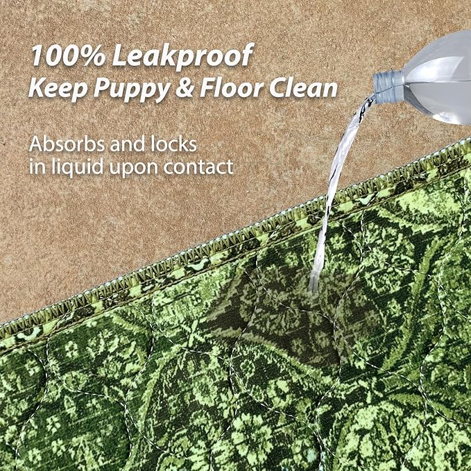 nunubaby Washable Pee Pads for Dogs, Stylish, Non-Slip and Leak-Proof Pee Pads. Reusable Potty Pads for Dogs for Crates and Floors.(Green/Multi,48" x48" )