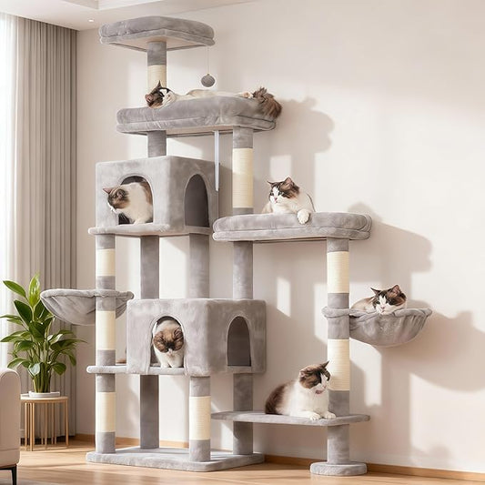 Hey-brother Cat Tree Tower, Scratching Posts with a Extended Part, Wide Platforms, Cozy Condos, Hammocks, Sisal Columns and Ball for Indoor Cats, 70.1 Inches, Light Gray MPJ038W