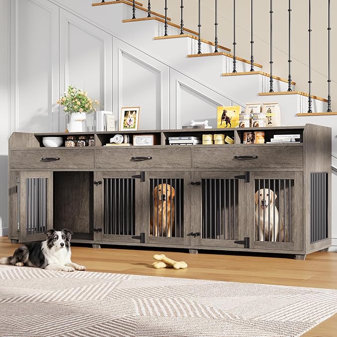 AMERLIFE 95" Large Dog Crate Furniture, Multi-Functional TV Stand with Storage Drawers & Removable Divider for Medium/Large Dogs, Grey