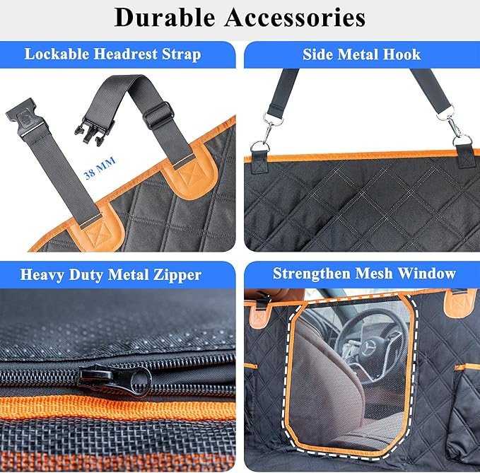 Hard Bottom Back Seat Extender for Dogs, Waterproof Dog Car Seat Cover with Joint-friendly Sponge Pad, 600 lbs Support Dog Hammock with Mesh Window, Universal Fits Sedan, SUV(Black & Orange)