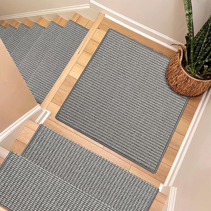 Brakki Bullnose Carpet Stair Treads, Non Slip Landing Mat for Wooden Steps Indoor, Soft Stair Rugs for Pets, Indoor Doormat for Kitchen Bathroom, Washable, 30"x30" 1pc, Grey and Cream