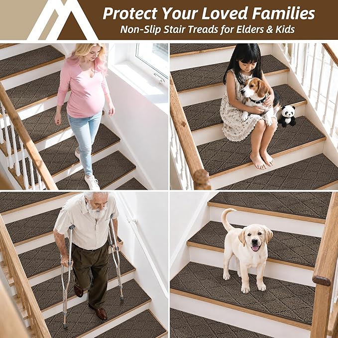 COSY HOMEER Stair Treads for Wooden Steps 11"x30" Washable Indoor Carpet Stair Treads Non Slip Soft Polyester Stair Carpet Tread Reusable Stair Runner Rugs for Kids, Elders,Pets,Brown,15pcs