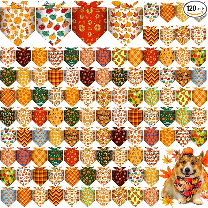 Sanwuta 120 Pcs Thanksgiving Fall Bandanas for Dogs Bulk Pumpkin Maple Leaf Triangle Dog Bandana Autumn Washable Pet Scarves Adjustable Bibs for Small and Medium Pets, 30 Styles