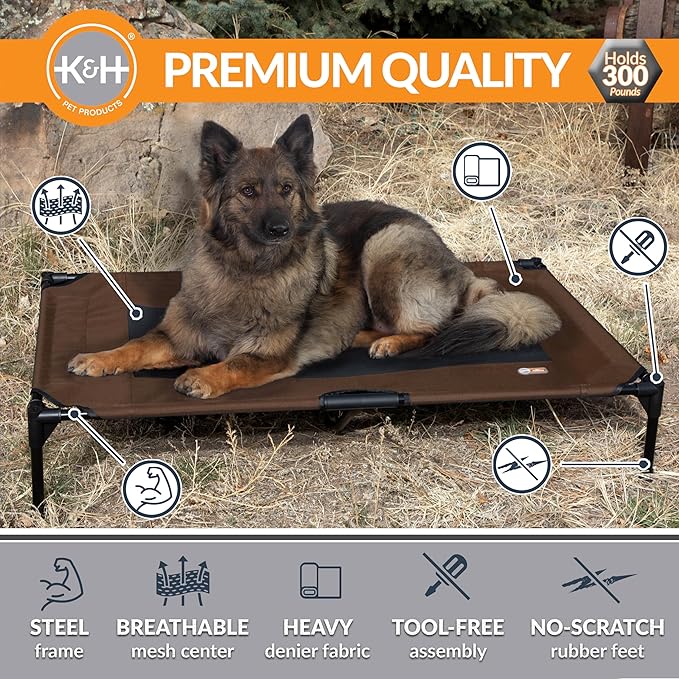 K&H Outdoor Elevated Dog Bed - Cooling Raised Dog Bed for Large & Extra-Large Pets, Breathable Mesh Center Hammock Design, Indoor/Outdoor Washable Cover, Portable Metal Frame, Chocolate, XL 50x32in