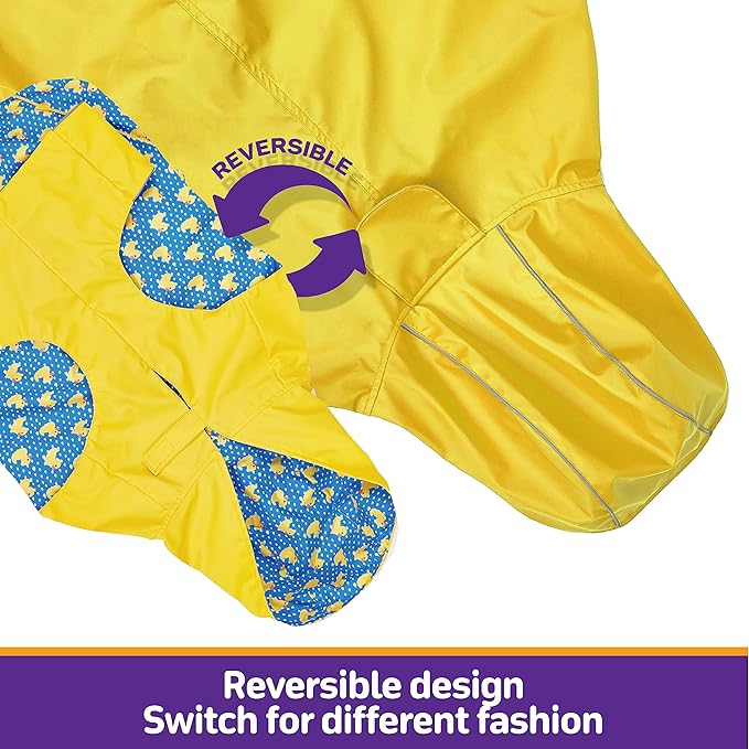 Kimee Dog Raincoat Reversible, Single Side Slicker Poncho Adjustable Waterproof Dog Rain Jacket with Leash Hole/Reflective Stripe Hooded Snowproof Windproof Clothes for Small to 3X-Large Dogs, M