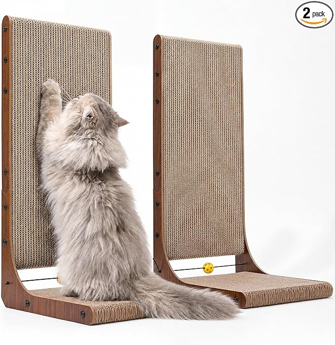FUKUMARU Cat Scratcher 2 Packs, 25 Inch Cat Scratching Boards for Indoor Cats, L Shaped Cardboard Cats Scratcher Vertical Scartch Pads with Ball Toy, Walnut Color