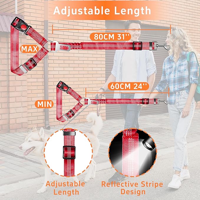 Seyezo 3-Piece Reflective Dog Seatbelt Set - Retractable, Heavy-Duty, Adjustable for Vehicle Headrests - Red