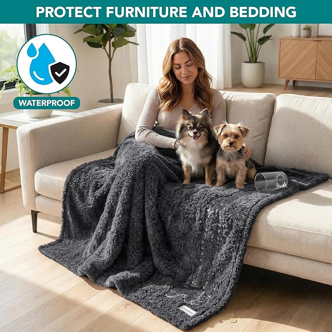 PetAmi Fluffy Waterproof Dog Blanket for Couch and Bed, Reversible Sherpa Pet Throw, Pee Proof Furniture Protector Sofa Cover, Washable Cat Blanket for Small Medium Dogs and Cats (Grey, 24x32)