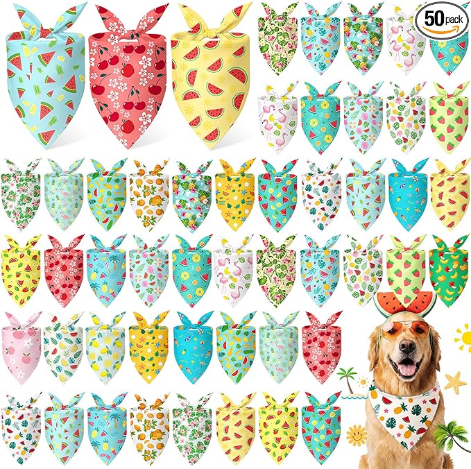 Abbylike 50 Pieces Summer Themed Dog Bandanas Bulk Hawaiian Dog Bandanas for Pets Triangle Kerchief Scarf Bibs Set for Summer Pets Dogs Party Costume Accessories, 25 Styles (25.6 x 17.7 x 17.7)