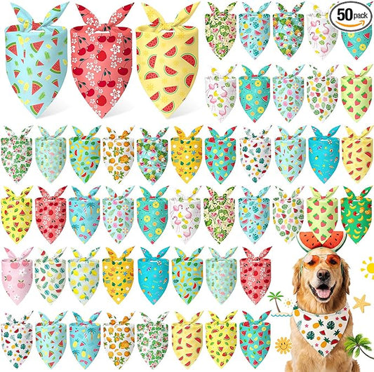 Abbylike 50 Pieces Summer Themed Dog Bandanas Bulk Hawaiian Dog Bandanas for Pets Triangle Kerchief Scarf Bibs Set for Summer Pets Dogs Party Costume Accessories, 25 Styles (25.6 x 17.7 x 17.7)