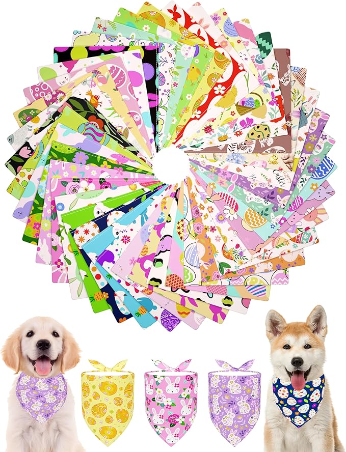 PET SHOW 50 Pack Easter Dog Bandanas Bulk for Small Medium Dogs Puppys Washable Adjustable Pet Scarf Triangle Bibs for Dogs Cats Green Yellow Purple Decorative Grooming Accessories