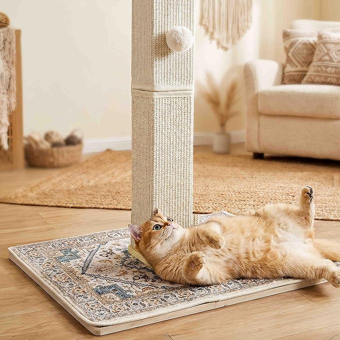 Tall Cat Scratching Post for Indoor Cats Adults, 33'' Large Cat Scratch Post with Perch, Cute Cat Scratching Post with Boho Carpet ＆ Dangling Ball Toys, White