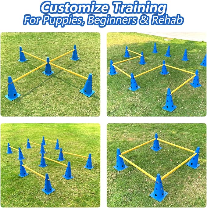 Dog Agility Hurdle Cone Set, Adjustable Height Dog Agility Course for Backyard Training, 12 Cones with PVC Crossbar, 3 Height Levels (12 Pack)