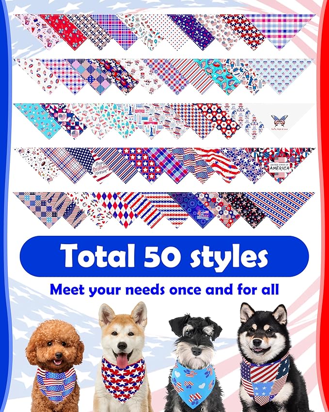PET SHOW 50 Pack 4th of July Big Dog Bandanas Bulk XL Washable US Flag Patriotic Triangle Bibs for Medium Large Dogs Girl Boy Star&Stripe Kerchief Set Pet Scarves Holiday Grooming Accessories
