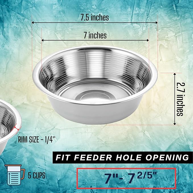 Pet Feeder Stainless Steel Dog Bowls Replacement 2-Pack Food Bowl, 7.5" Wide, 2.7" Height Water Metal Bowls for Raised Feeder with Opening 7"-7.4"