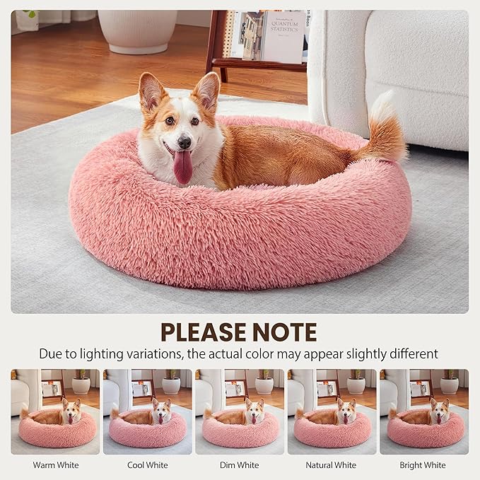 Donut Dog Bed Medium Size Dog, Round Cat Beds for Small Medium Dogs and Cats with Washable Fluffy Faux Fur, Cute Comfort Pet Bed with Anti-Slip Bottom, Pink, 30"