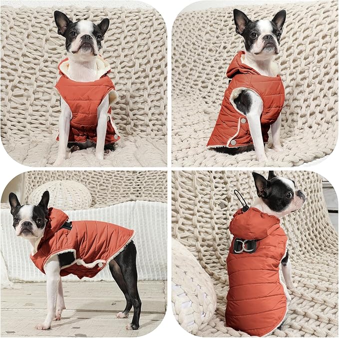 Vecomfy Fleece Lining Dog Hoodie with Harness Built in,Extra Warm Small Dog Jacket in Winter Puppy Coats with Drawstring Hooded,Orange M