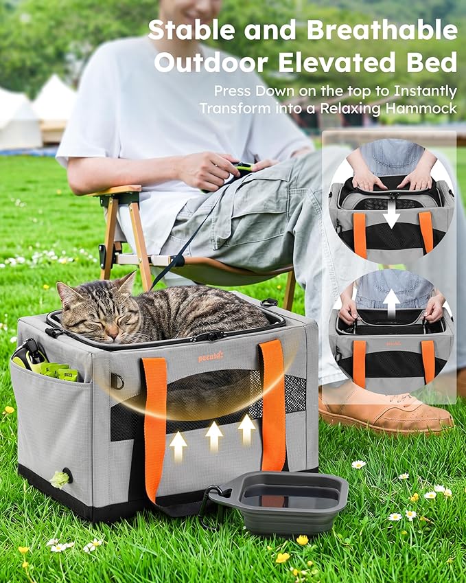 Pecute Top Expandable Cat Carrier Sturdy Pet Bag with 5mm Anti-Collapse Steel Frame, Soft Dog Carrier for Car Travel Vet Visits Outdoor Hammock,Foldable Travel Crate with Leakproof Pee Pad & Bowl,Gray