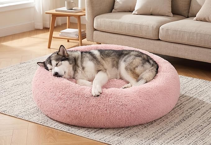 SAVFOX 36 inches Calming Donut Dog Bed - 3X Durable Plush Faux Fur, Machine Washable & Non-Slip, Fits up to 100 lbs, Pink