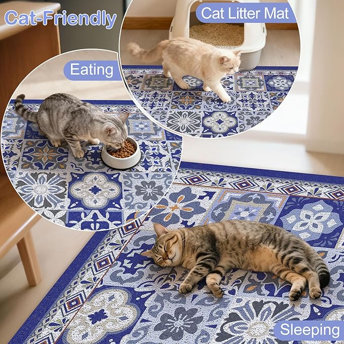 Cat Litter Mat Trapping Rug 33"x22", Large Litter Box Mat for Floor, Non-Slip Waterproof Backing, Soft Mesh Easy to Clean Pet Mat for Cat Blue