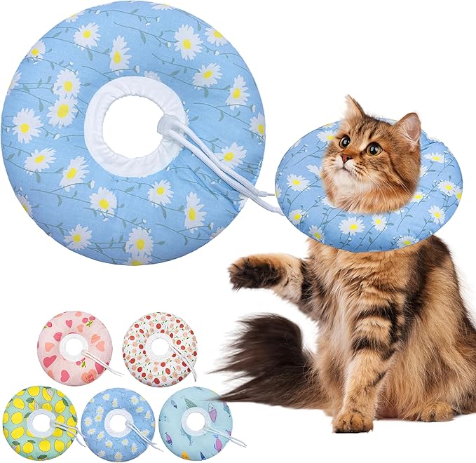Seyezo Cat Cone Collar Soft, Adjustable Cat Recovery Collars Kitten Cones to Stop Licking, Cute Donut E Collar After Surgery, Recovery Elizabethan Collar for Kitten(Blue Daisy, Large)