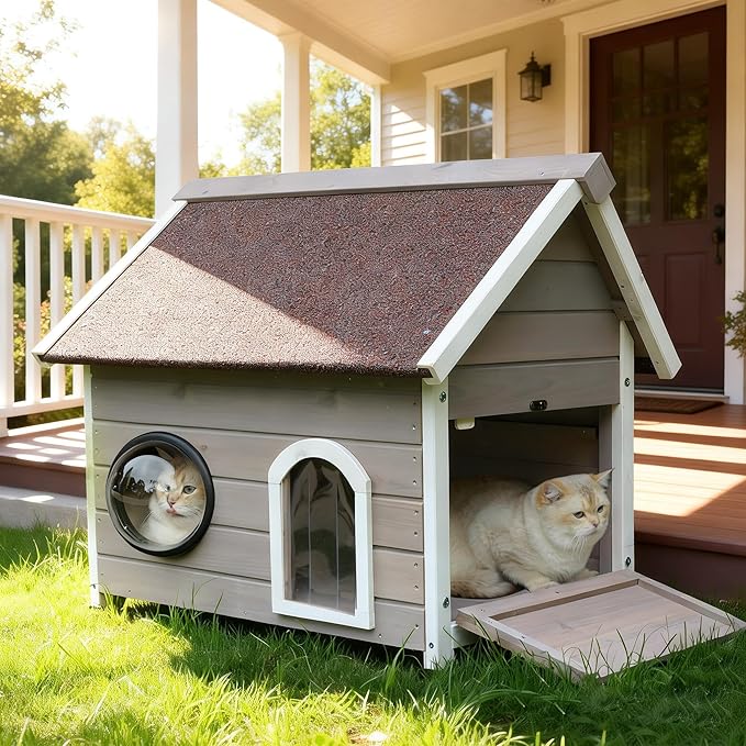Rockever Outdoor Cat House, Waterproof Feral Cat House for Outdoor Cats with Escape Door and Clear Windows for 2 Cats (Grey)