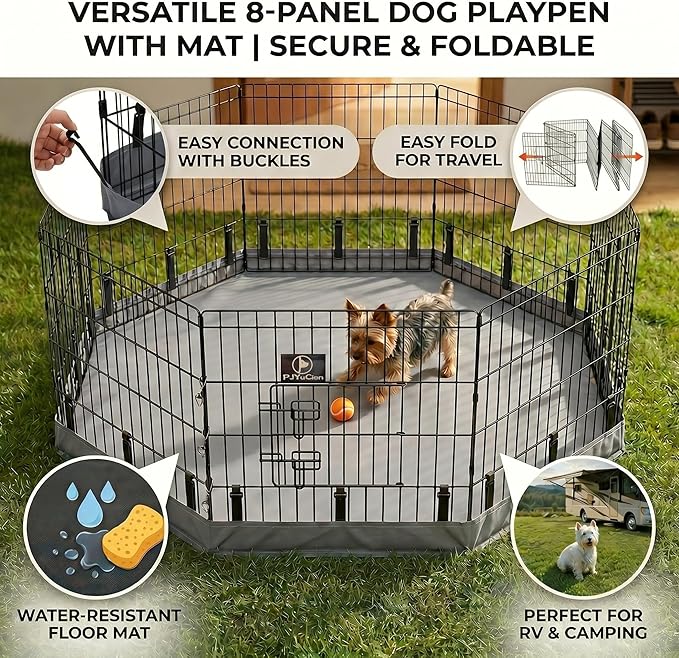 PJYuCien Octagonal Dog Playpen with Bottom Pad - Metal Foldable Exercise Pen, 8 Panels 24" H x 24" W Indoor Outdoor Pet Fence Puppy Crate Kennel, Gray