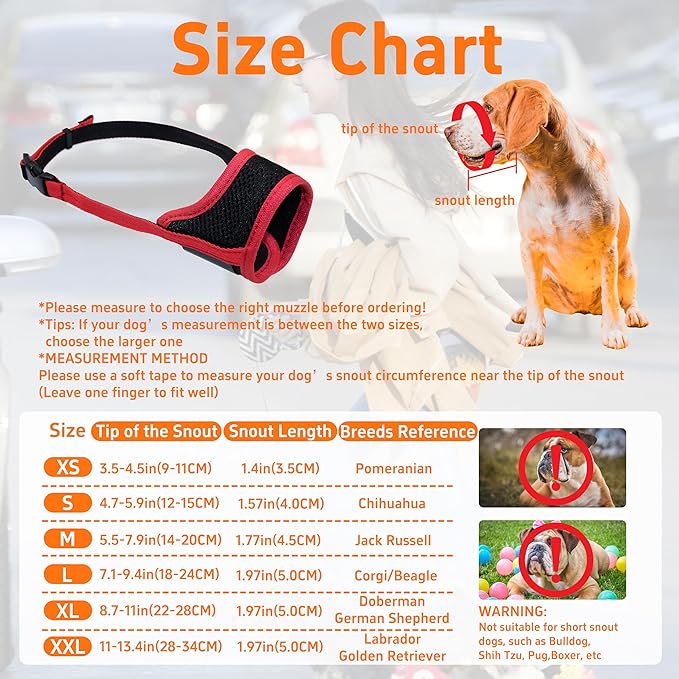 Seyezo Dog Muzzle, Soft Breathable Muzzle for Small Medium Large Dogs, Air Mesh Nylon Muzzle Cover Prevent Biting Barking Chewing, Adjustable Drinkable Pet Muzzle 6 Sizes(Red,L)
