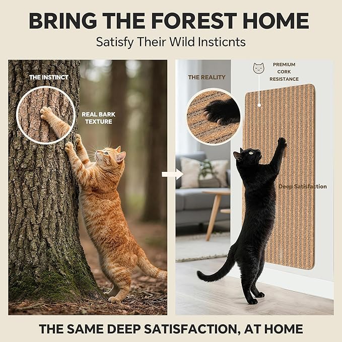 Self-Adhesive Cork Cat Scratcher Mat for Couch, 40x12 Inch Cut-to-Size Furniture Protector, No Mess Shed-Resistant Cat Scratch Pad, Removable Sticky Protector for Indoor Cats