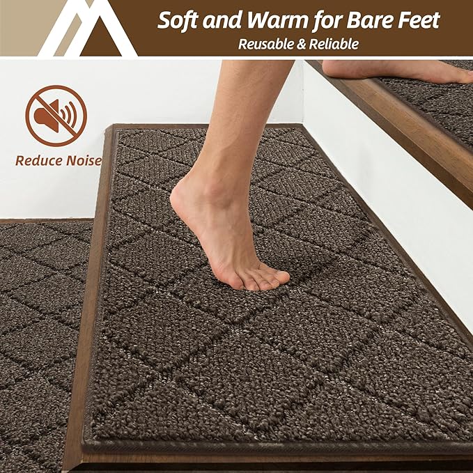 COSY HOMEER Stair Treads for Wooden Steps 11"x30" Washable Indoor Carpet Stair Treads Non Slip Soft Polyester Stair Carpet Tread Reusable Stair Runner Rugs for Kids, Elders,Pets,Brown,15pcs