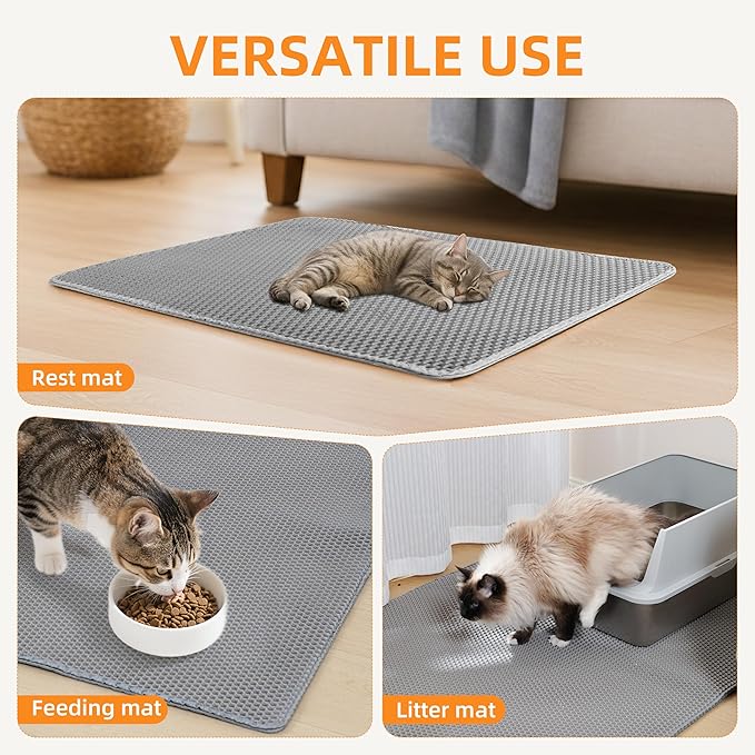 Cat Litter Mat for Litter Box, 30"21" Large Double Layer Trapping Cat Mat, Easy-Clean Scatter Non-Slip Kitty Litter Mat, Grey
