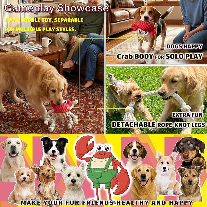 Plush Squeaky Crab Dog Toy with Rope Legs - 5.5''X9.5'' Durable Dog Chew Toy for Small Dogs | Built-in Whistle Sounds | Teeth Cleaning | Interactive Dog Toys （RED）