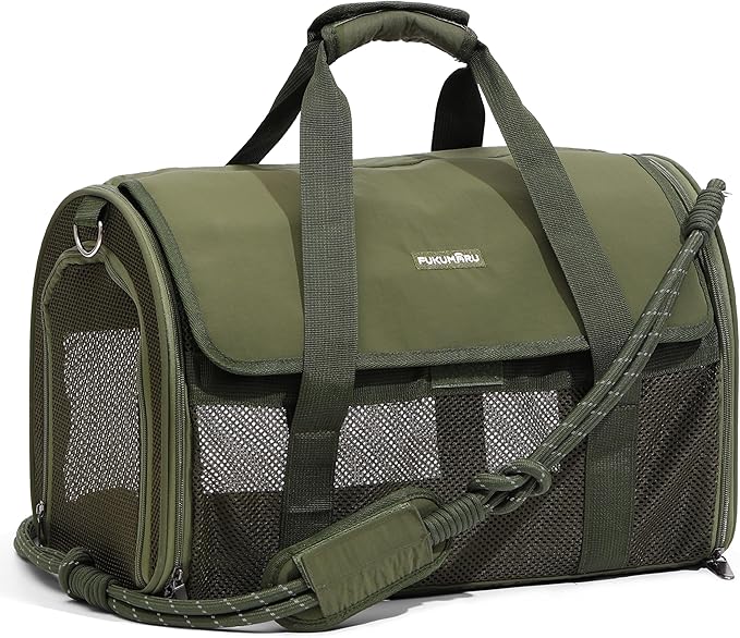 FUKUMARU Cat Carrier, Light & Airy Pet Carrier, 18x11x11 Airline Approved Dog Carrier for Small Dogs, Collapsible Soft Cat Travel Carrier with Anti-Scratch Mesh, Green