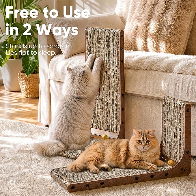 FUKUMARU Cat Scratcher 2 Packs, 25 Inch Cat Scratching Boards for Indoor Cats, L Shaped Cardboard Cats Scratcher Vertical Scartch Pads with Ball Toy, Walnut Color