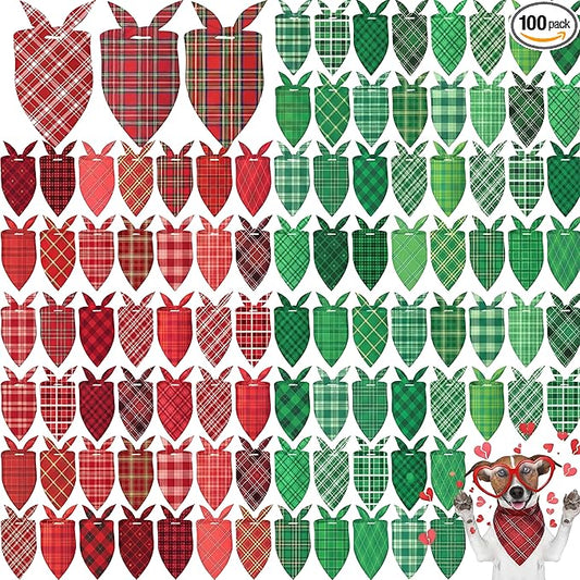 Abbylike 100 Pcs St. Patrick's Day Dog Bandanas Bulk Green Plaid Bandanas for Dogs Triangle Kerchief Bib Scarf for Pet Irish Holiday Costume Photo Props Accessories (19.7 x 13.8 x 13.8)