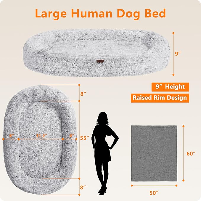 Human Dog Bed Fits Adult & Pets, Reversible Orthopedic Gel Memory Foam Cushion, Washable Long Plush, Plump Edge with Blanket, Storage Pocket, 71"x47.2"x9", Extra Large, Ombre Grey