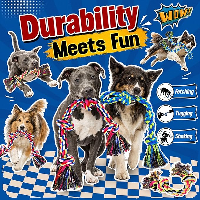 Forfon Tough & Strong Dog Toy for Aggressive Chewers – Tough Chew Toys for Large Dogs, Ideal for Tug-of-War & Teeth Cleaning, with 3 Rope Toys & 2 Dog Bags