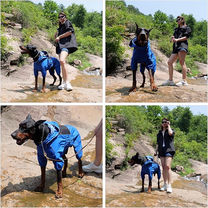 LOVELONGLONG Waterproof Dog Raincoat with Removable Hood – Outdoor Full Body Dog Jacket, Windproof Snowproof Shell Suit – All Season Pet Rain Gear Blue XL