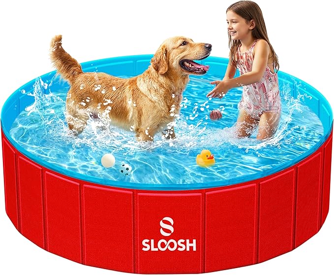 SLOOSH Foldable Dog Kiddie Pool - Portable Hard Plastic Doggie Swimming Pool, Anti-Slip Collapsible Pets Bath Tub Suitable for Kids Indoor Outdoor Backyard Use (Red, 48" x 12")