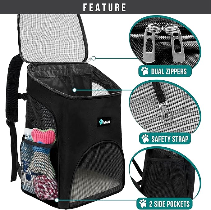 PetAmi Cat Backpack Carrier, Airline Approved Pet Carrier Backpack for Small Dogs and Large Cats, Soft Sided Collapsible Ventilated with Sherpa Bed for Hiking Travel, Max 18 lbs, Black