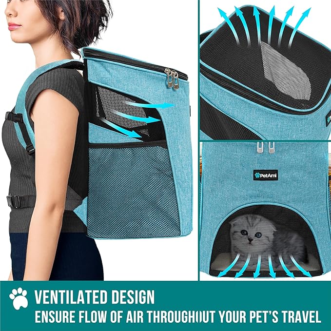 PetAmi Cat Backpack Carrier, Airline Approved Pet Carrier Backpack for Small Dogs and Large Cats, Soft Sided Collapsible Ventilated with Sherpa Bed for Hiking Travel, Max 18 lbs, Sea Blue