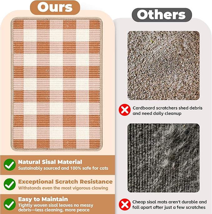 Cat Scratcher Mat, Natural Sisal Cat Scratch Pad, 23.6x15.7 Inch Horizontal Cat Floor Scratching Pads Rug with Hook & Loop to Protect Couch & Carpets & Sofas（Coffee White）