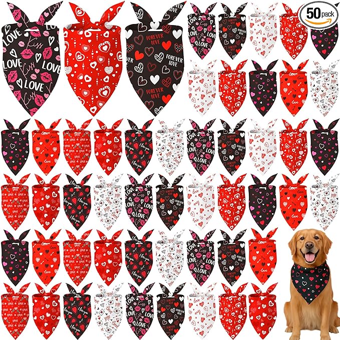 Weewooday 50 Pcs Valentine's Day Dog Bandanas Bulk for Dogs Soft Bibs Adjustable Triangle Heart Lips Bandana for Small Medium Large Pet Costume(Valentine, 31.5 x 21.7 X21.7 Inch)